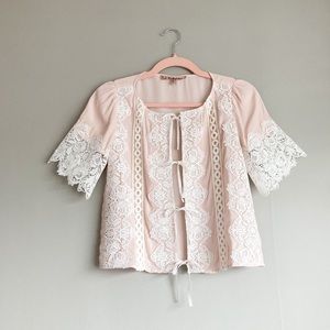 For Love and Lemons Coquette Pastel Powder Pink Crotchet Lace Open Front Top